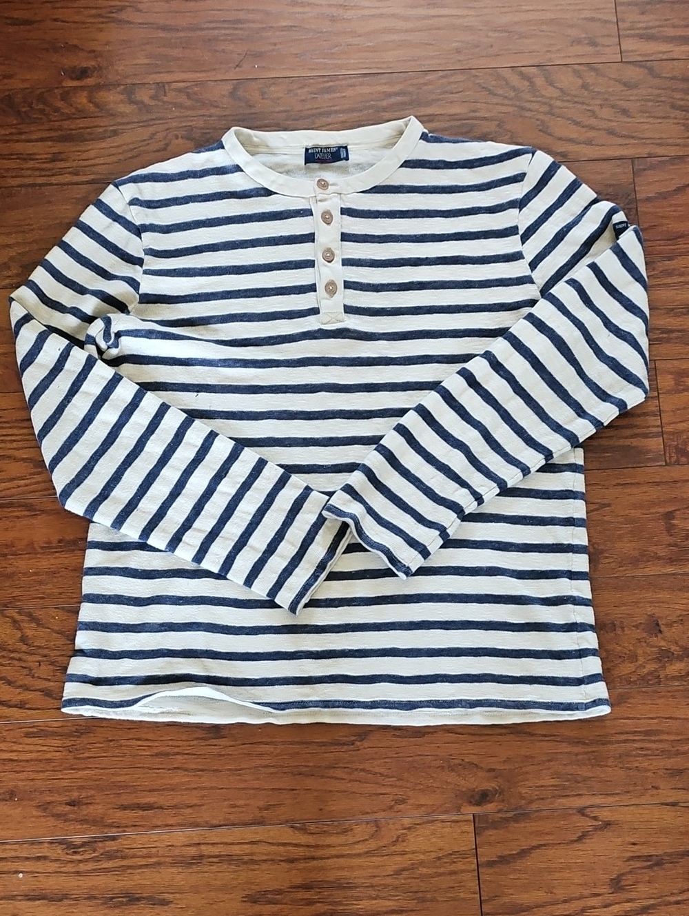 Saint James L'Atelier Nautical Blue/ White Striped Henley Sweater Size ?